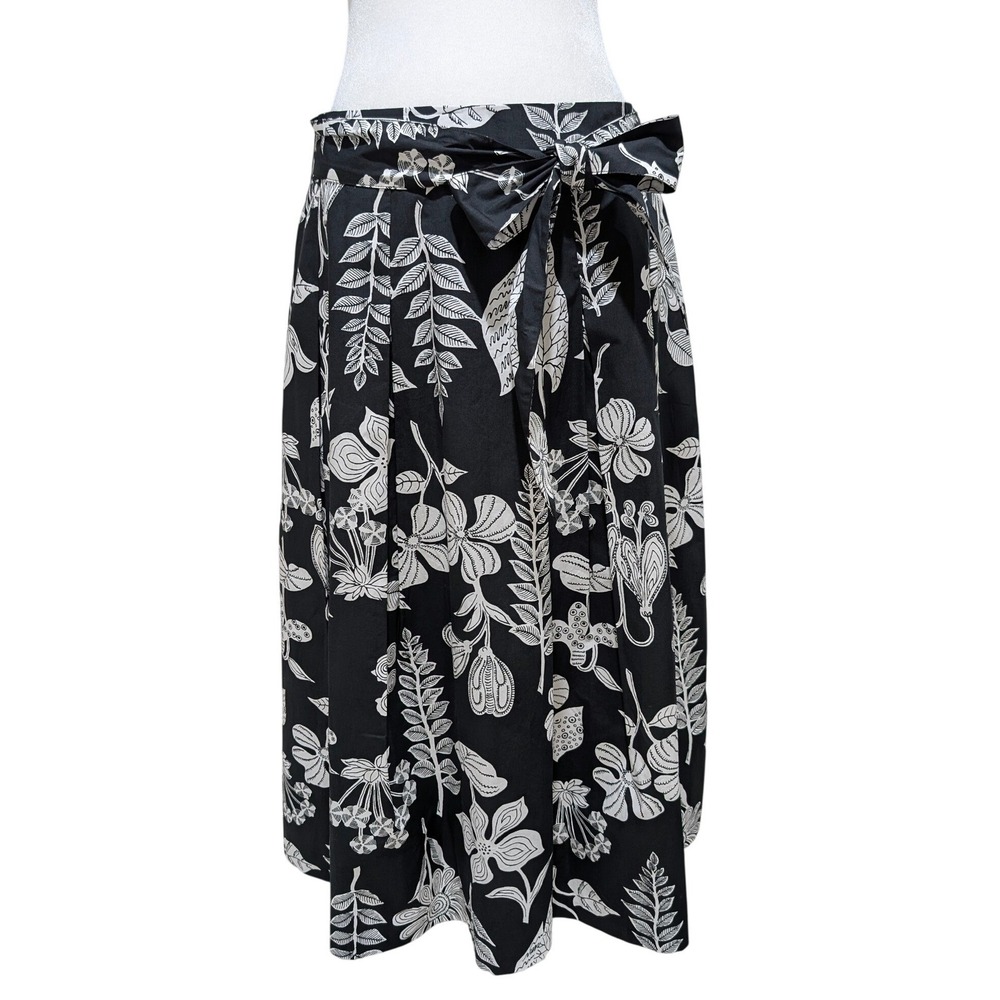 Talbots Black White Botanical Floral Cotton Pleated Midi Skirt Belt Pockets 8